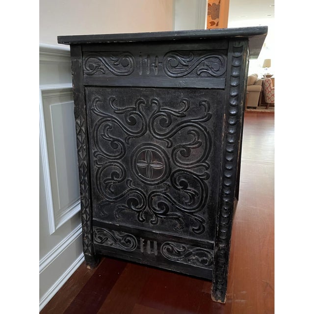 Wood 19th Century Antique Indonesian Ebonized Cabinet With Carved Diamond Motif and Scrolls For Sale - Image 7 of 12