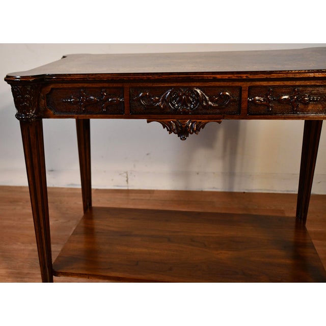 1930s French Louis XVI Carved Walnut & Satinwood Inlay Sofa Table / Side Table For Sale - Image 6 of 12