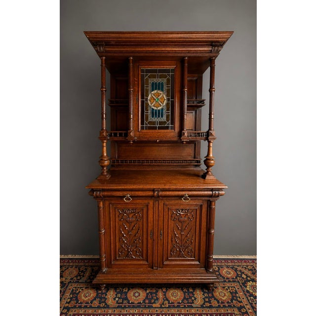 Late 19th Century Late 19th Century French Carved Oak Two Piece Cupboard With Stained Glass For Sale - Image 5 of 7