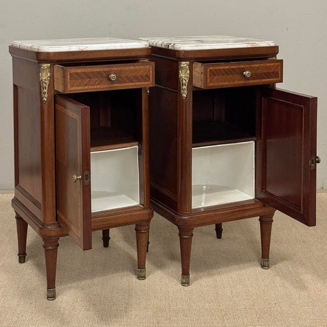 Pair of Antique French Louis XVI Marquetry Marble Top Nightstands ~ End Tables For Sale - Image 15 of 18