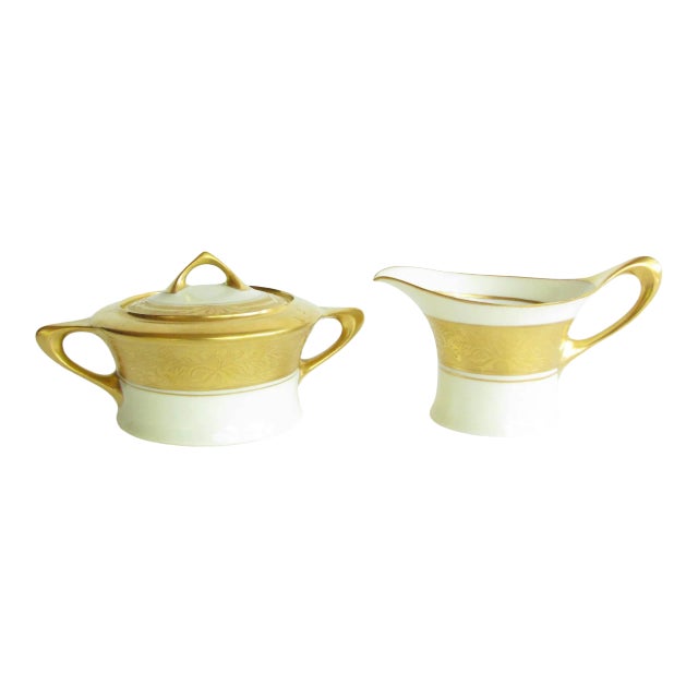 Antique Art Nouveau Hutschenreuther Cacilie Gilded Porcelain Creamer and Sugar Bowl - a Pair For Sale