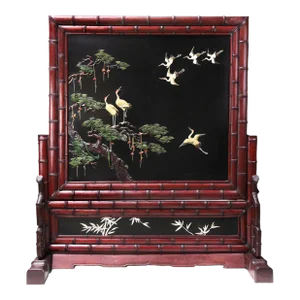 Ming-Style Redwood Inlaid Mother-Of-Pearl and Jade Inlaid Pine and Crane Pattern Dining Room/Living Room Screen.