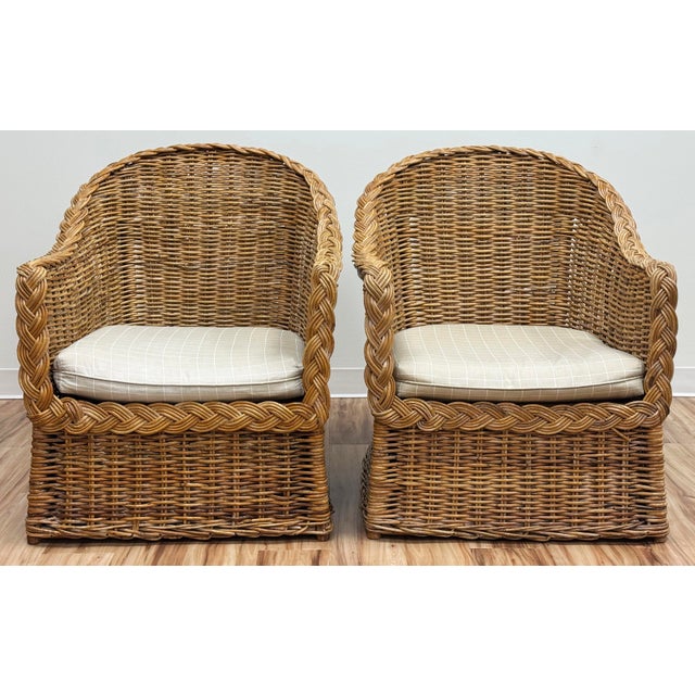 Vintage Braided Wicker Club Chair Pair With Ottoman For Sale - Image 9 of 16