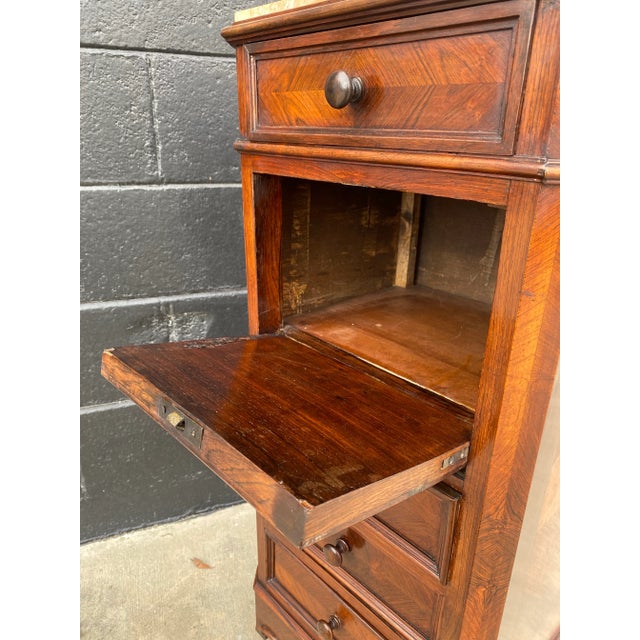 19th Century French Walnut Marquetry Nightstand With Marble Top and Original Casters For Sale - Image 9 of 11