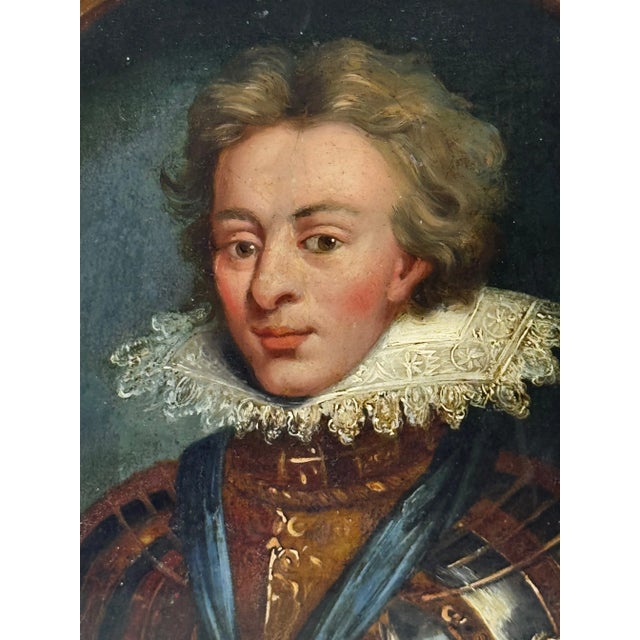 Blue Historic Oil Painting England’s Lost Heir: Henry Frederick, Prince of Wales in Ceremonial Armour Wearing Order of the Garter After Isaac Oliver C1840 For Sale - Image 8 of 18
