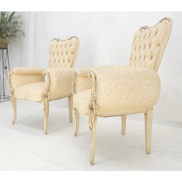 Pair Rococò Louis XVI Style Tufted Pierce Carved Backs Off White Fireside Chairs For Sale - Image 10 of 12