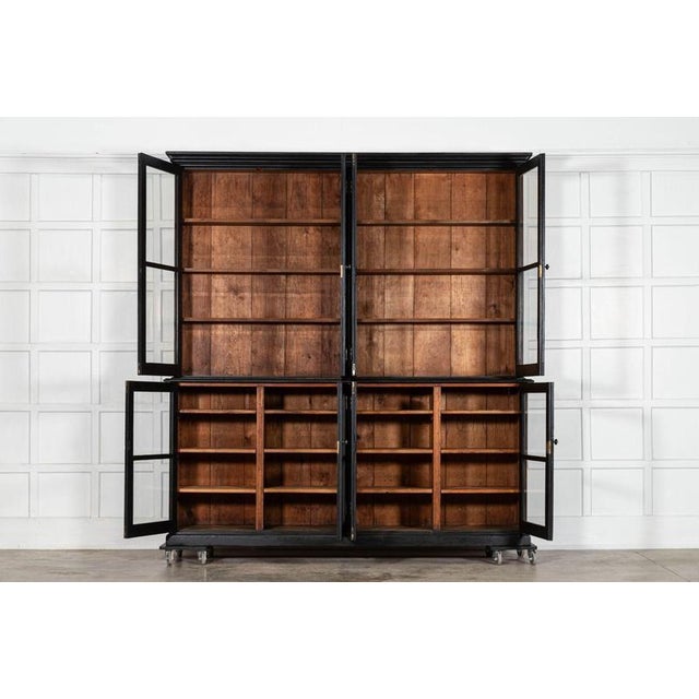 Circa 1890 large english ebonised 19thc pine glazed dresser together w229 x d47 x h244 cm base w227 x d47 x h102 cm base...