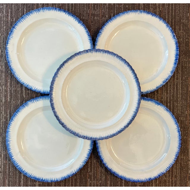 Antique Early 19th Century English Georgian Pearlware Creamware Blue Feather or Shell Edge Dinner Plates - Set of 5 For Sale - Image 4 of 16