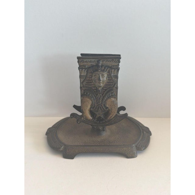 1920s Antique Art Deco Egyptian Revival Cast Iron Ashtray and Matchbox Holder For Sale - Image 5 of 7