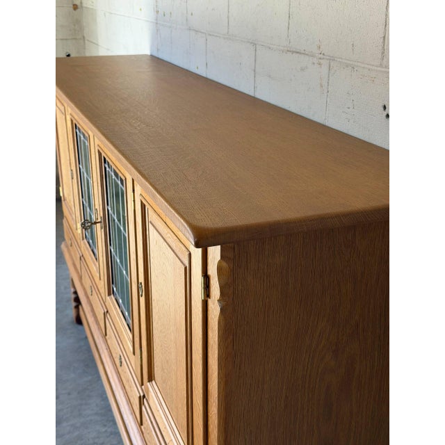 Henning Kjærnulf Oak Sideboard Credenza With Leaded Glass Doors Danish Mid-Century Modern 1970s For Sale - Image 11 of 13