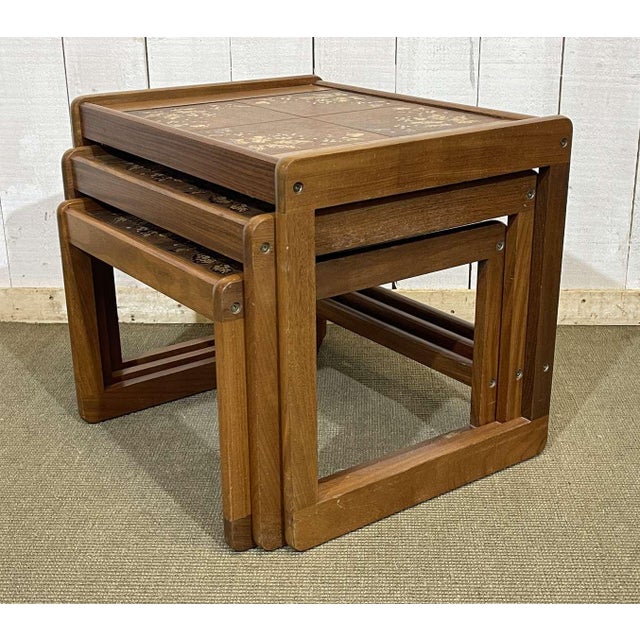 Teak Nesting Tables with Tiled Tops, 1970s, Set of 3 For Sale - Image 4 of 11