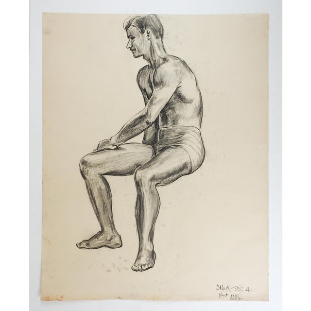 Vintage charcoal on paper male figural study by Geneva Flores Hart Fell (1906-2008) Texas, circa 1950s. Signed and dated...