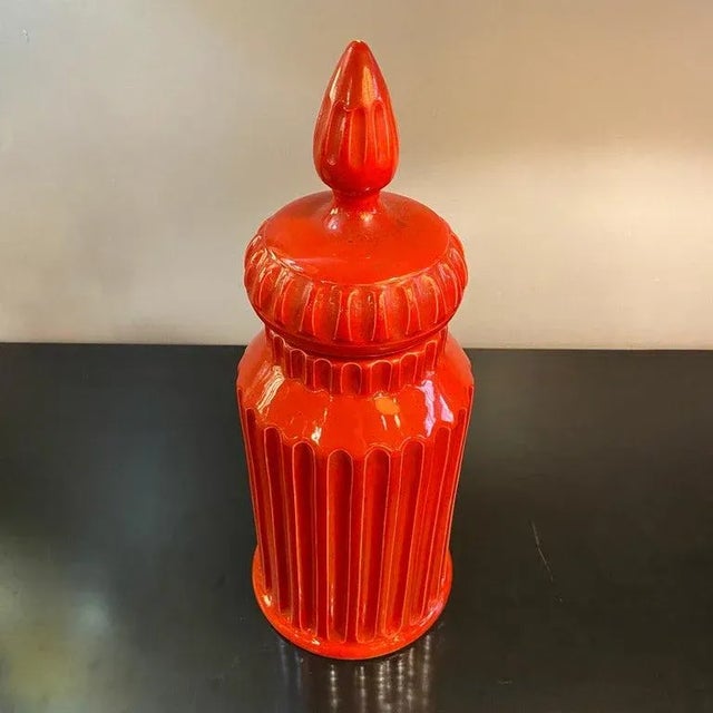 Mid-Century Modern Mid-Century Italian Orange Moorish Art Pottery Jar For Sale - Image 3 of 11