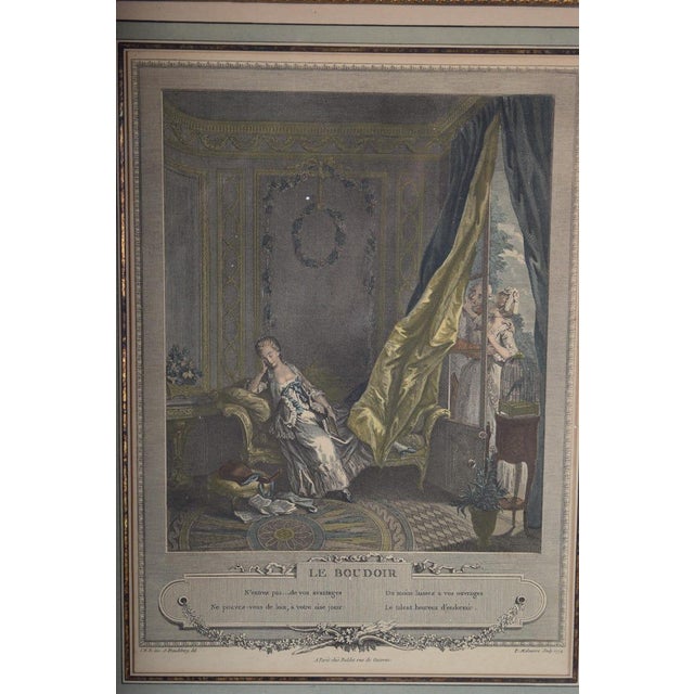 Black Antique Hand-Colored Engraving "Le Boudoir," P. Malœuvre After Freudenberg, 1774, Carved Giltwood Frame For Sale - Image 8 of 9