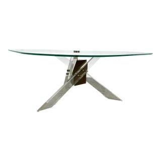 Mid Century Coffee Table With Angled Brass and Lucite Base With Triangle Glass Top. For Sale