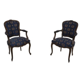 Pair Vintage French Louis XV Style Open Arm Upholstered Chairs For Sale