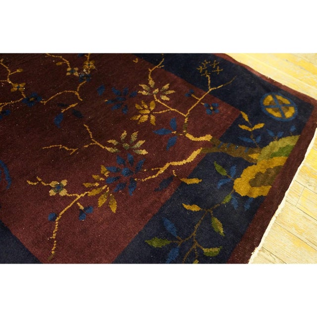 1920s Purple Bold Tree Bird of Paradise Pattern Small Antique Chinese Deco Rug For Sale - Image 4 of 7