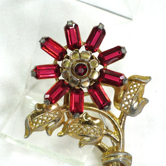 Vintage Art Deco Ruby Crystal Brooch 1930s For Sale - Image 4 of 7