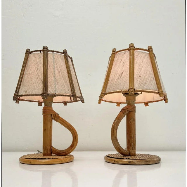 1960s French Bamboo and Rattan Table Lamps by Louis Sognot, 1960s, Set of 2 For Sale - Image 5 of 10