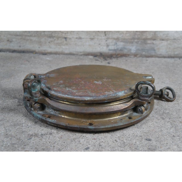 Metal Early 20th Century Solid Brass Maritime Ships Porthole Storm Cover Window For Sale - Image 7 of 13