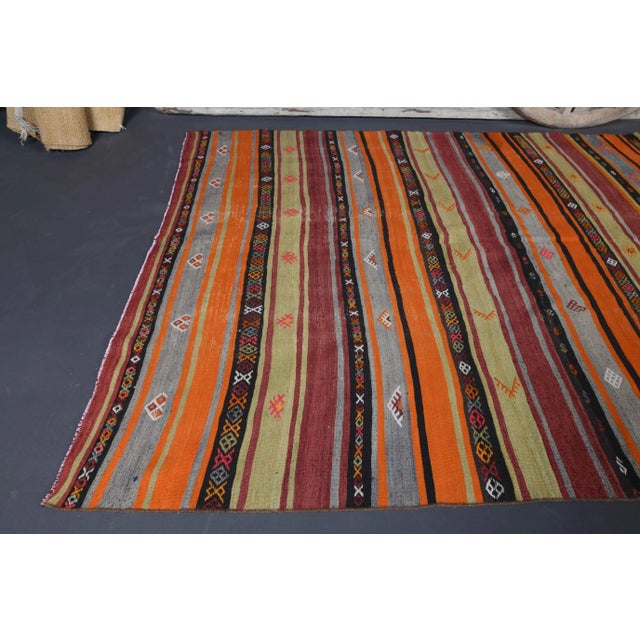 1970s Vintage Turkish Oushak Handmade Cotton Orange Wool Kilim Area Rug For Sale - Image 5 of 10