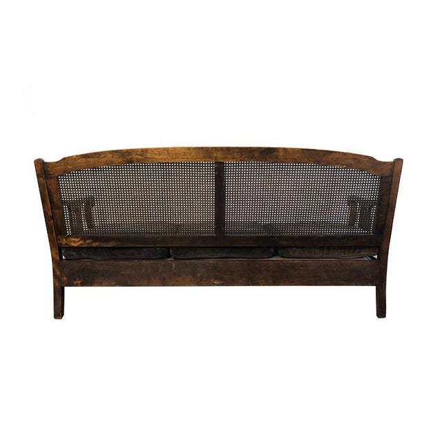 1900 - 1909 1900s Chippendale Colonial Style Cane Back Carved Wood Blue Fortuny Style Velvet Fabric Settee Antique Sofa or Daybed For Sale - Image 5 of 10