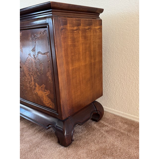 1970’s Asian Inspired Console Cabinet by Broyhill. Walnut With Decorative Brass Hardware. For Sale - Image 9 of 11