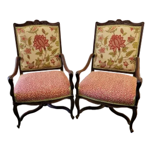 Antique French Louis XV Style Walnut Armchairs With Designer Upholstery - a Pair