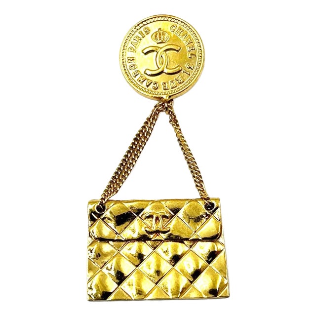 Vintage Chanel Gold Plated Coin Handbag Brooch For Sale