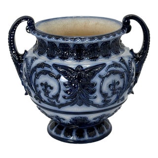 Stunning Circa 1880s Antique Victorian North Wind Face Flow Blue Majolica Pottery Jardinaire - Planter For Sale