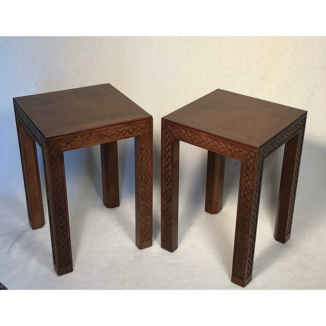 Mid-Century Modern Vintage Henredon Chinese Chippendale Style Mahogany Side Table Set- A Pair For Sale - Image 3 of 12