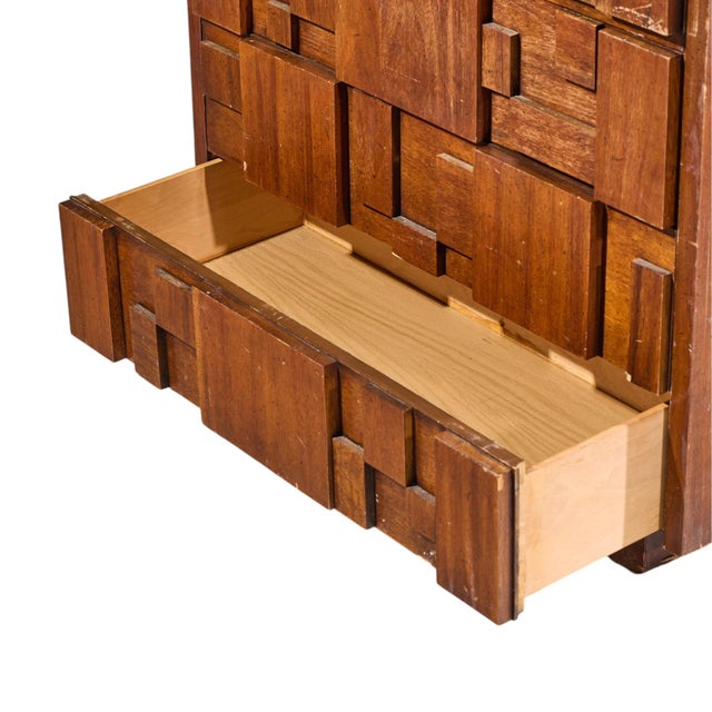 Brown Lane Staccato Brutalist Mid Century Walnut Armoire Highboy Dresser For Sale - Image 8 of 9