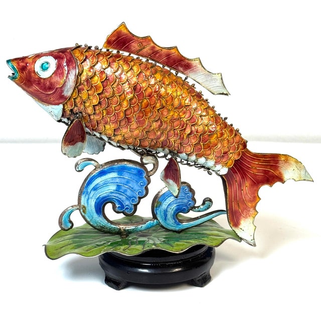 Chinese Export Silver and Enameled Articulated Carp on Lotus and Wave Stand, Circa 1900 Consisting of four pieces 1. The...