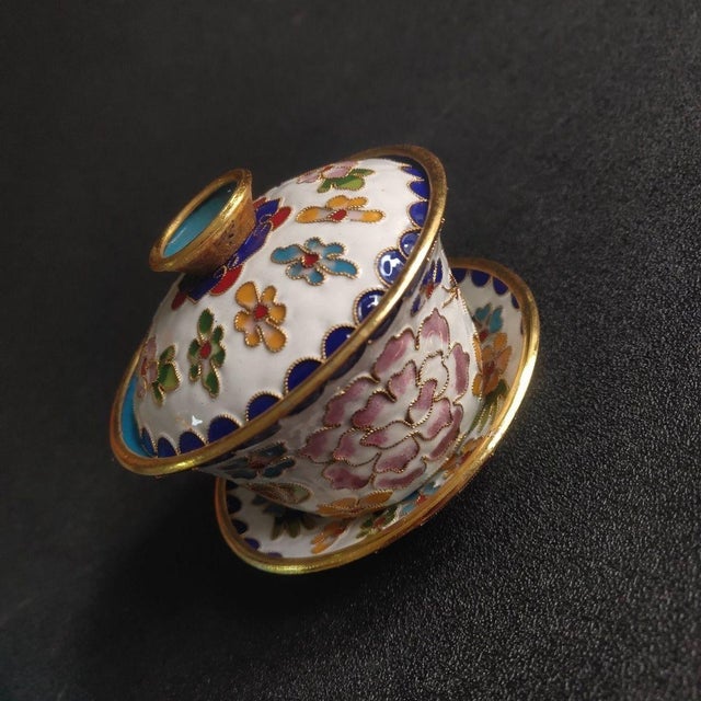 Vintage Chinese Cloisonné Enamel Floral "Three-Piece" Tea Bowl Set (Gaiwan) For Sale - Image 4 of 6