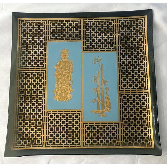 Fun, Hollywood Regency style glass tray. Gold and blue Asian-inspired decoration against gray glass