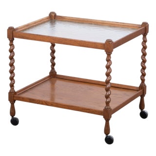 English Tea Bar Cart in Oak with Twisted Legs and Glass Top, 1950s For Sale