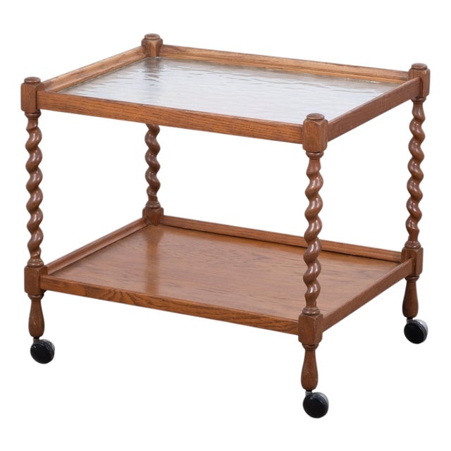 English Tea Bar Cart in Oak with Twisted Legs and Glass Top, 1950s For Sale