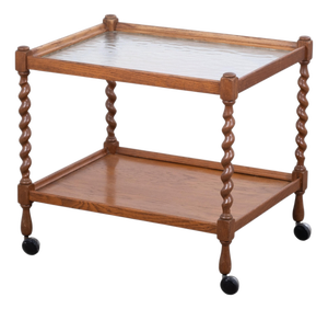 English Tea Bar Cart in Oak with Twisted Legs and Glass Top, 1950s
