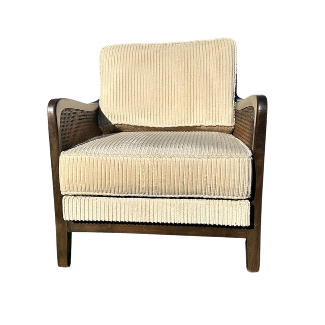 1950s Knoll Antimott Woven Cane Lounge Chair Wood Corduroy Cushions Mid Century Modern For Sale - Image 9 of 10