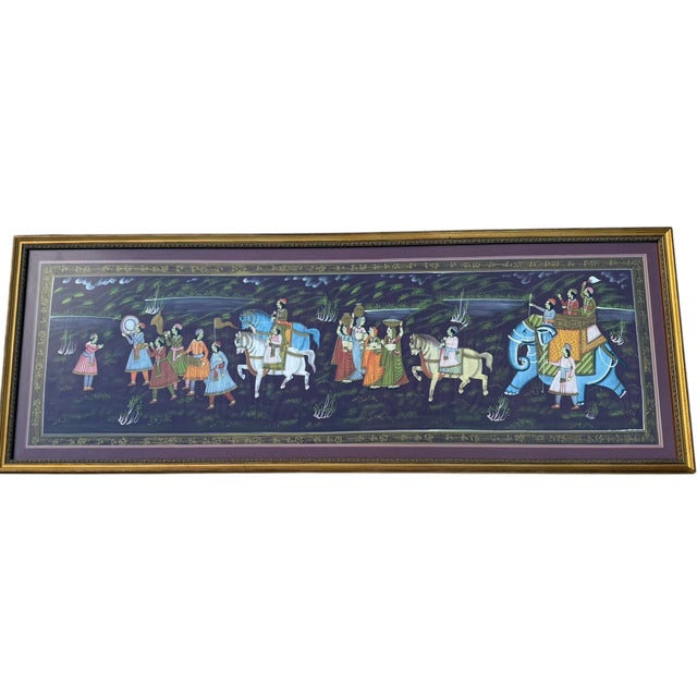 Vintage painted textile depicting a colorful Indian procession, with figures on horseback and an elaborately decorated...