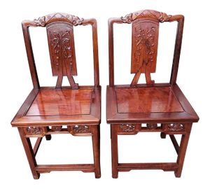 1970s Vintage Traditional Chinese Hand Carved Solid Rosewood Chairs - a Pair