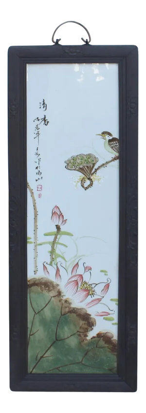 Vintage Chinese Wood Frame Porcelain Flower Birds Wall Plaque Panel