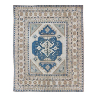 Large Vintage Turkish Rug With Stylized Geometric Design in Blue, Ivory, Tan For Sale