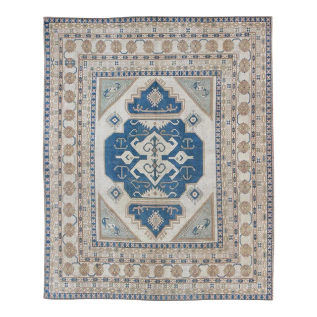 Large Vintage Turkish Rug With Stylized Geometric Design in Blue, Ivory, Tan For Sale