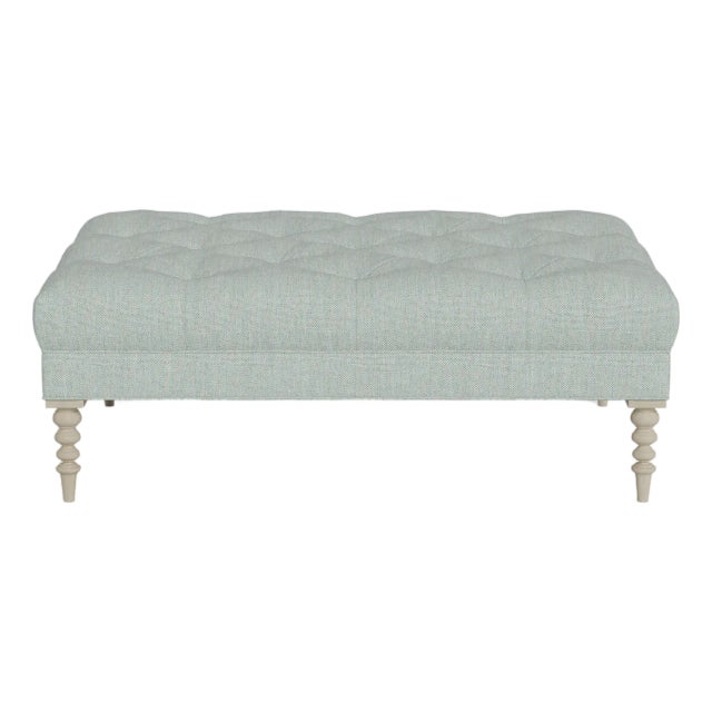 Bunny Williams Home Irving Ottoman in Sea Foam Performance Woven Fabric with Alpine Legs For Sale