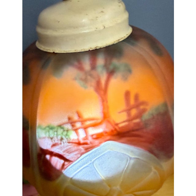 Antique 1920s Reverse Painted Puffed Glass Boudoir Lamp Jefferson Style Scenic Sunset This atmospheric masterwork of the...