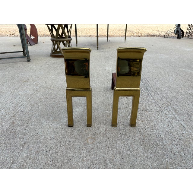 Pair Of Modernist Brass Andirons. Offered is a beautiful pair of mid-century or Modernist andirons or chenets made of...