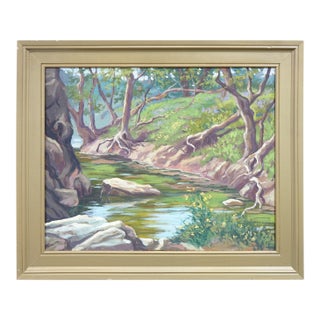 Late 20th Century Original Landscape Oil on Canvas " Stream With Trees & Rocks, Signed, For Sale