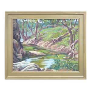 Late 20th Century Original Landscape Oil on Canvas " Stream With Trees & Rocks, Signed,