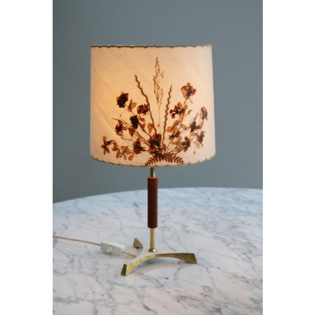 1960s Tripod crow's foot table lamp Brass base with teak wood Umbrella with a floral motif made from real leaves Beautiful...